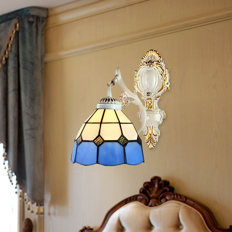 Retro Style Stained Glass Wall Sconce - 1 Light Dome-Shaped In White Finish Perfect For Foyer