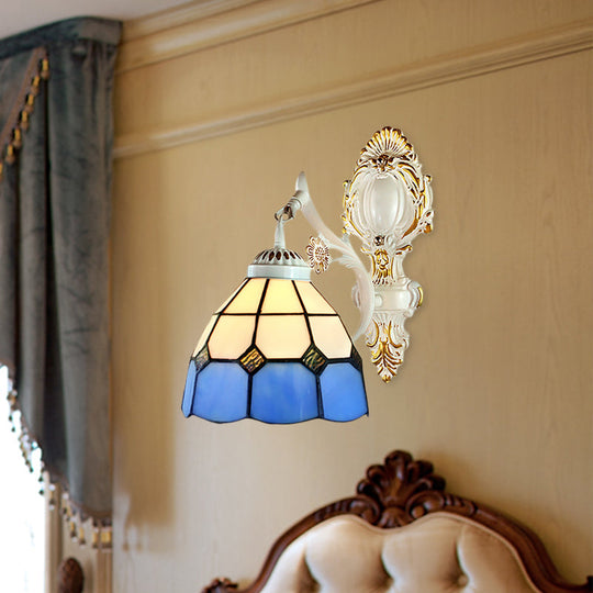 Retro Style Stained Glass Wall Sconce - 1 Light Dome-Shaped In White Finish Perfect For Foyer