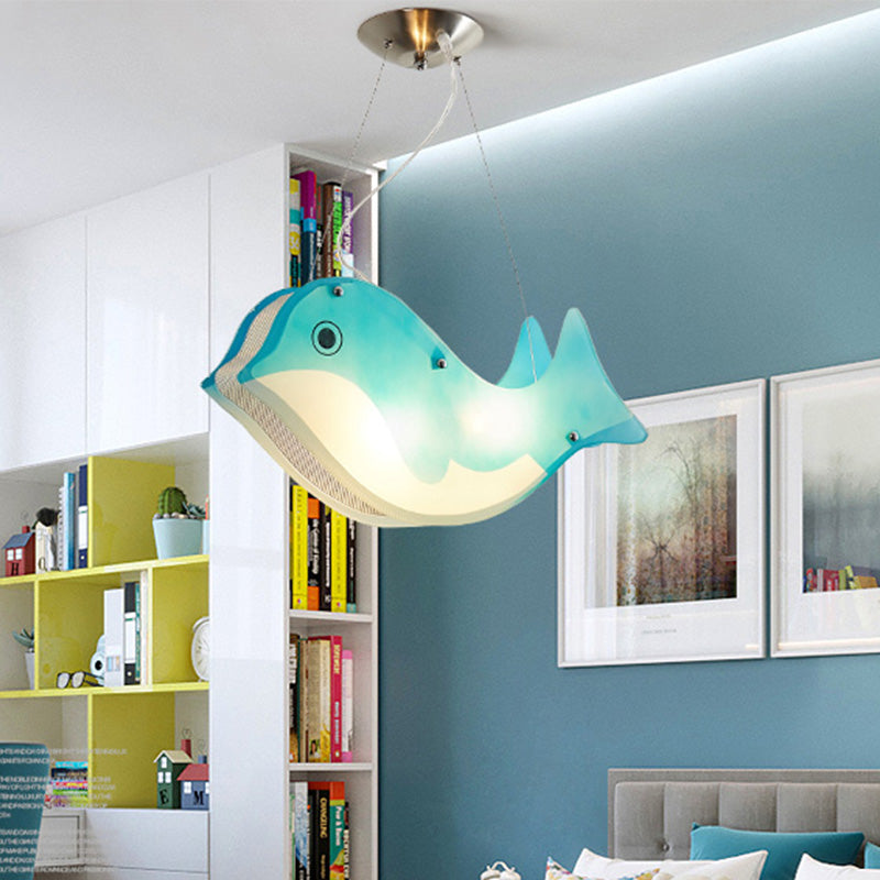 Girls Bedroom Blue Metal Ceiling Pendant With Modern Fish Hanging Light Design - 2 Lights