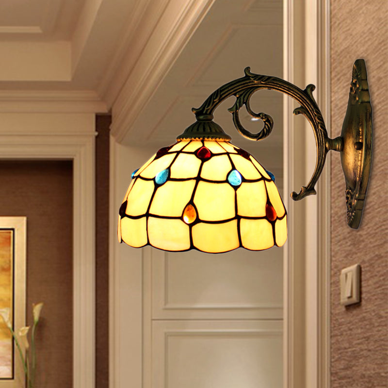 Vintage Stained Glass Bowl Wall Light - 1-Light Sconce Lamp Fixture In Beige With Jewel Pattern