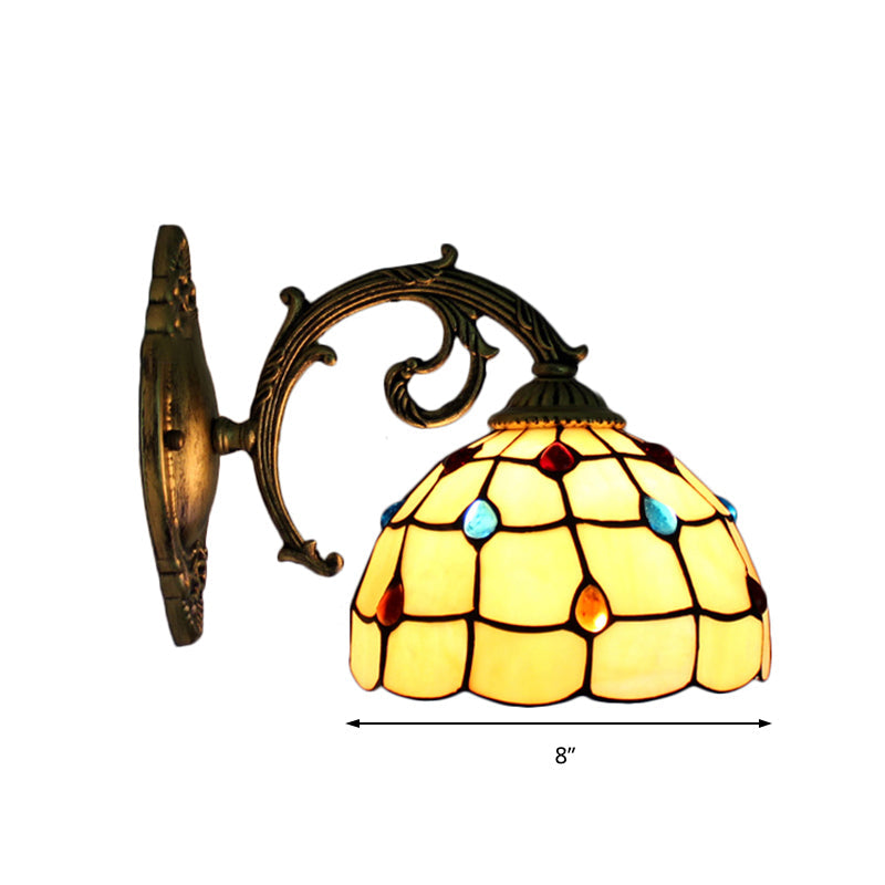 Vintage Stained Glass Bowl Wall Light - 1-Light Sconce Lamp Fixture In Beige With Jewel Pattern