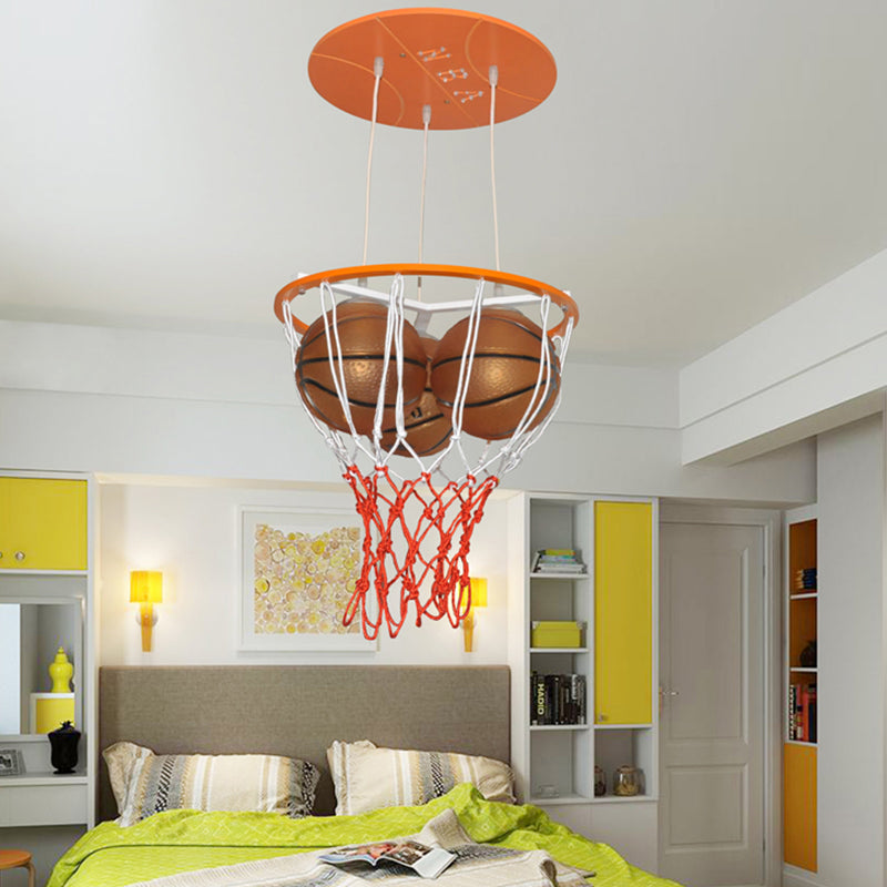 Sports Style Glass Basketball Pendant Light For Boys Bedroom - 3-Light Sport Lamp Orange