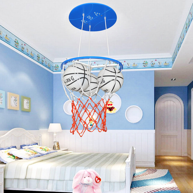 Sports Style Glass Basketball Pendant Light For Boys Bedroom - 3-Light Sport Lamp Blue