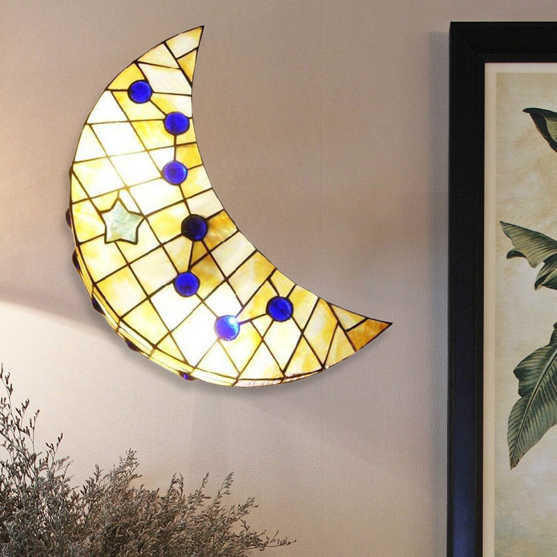 Vintage Stained Glass Moon Shape Wall Sconce For Hallway - 1-Light Light Beige