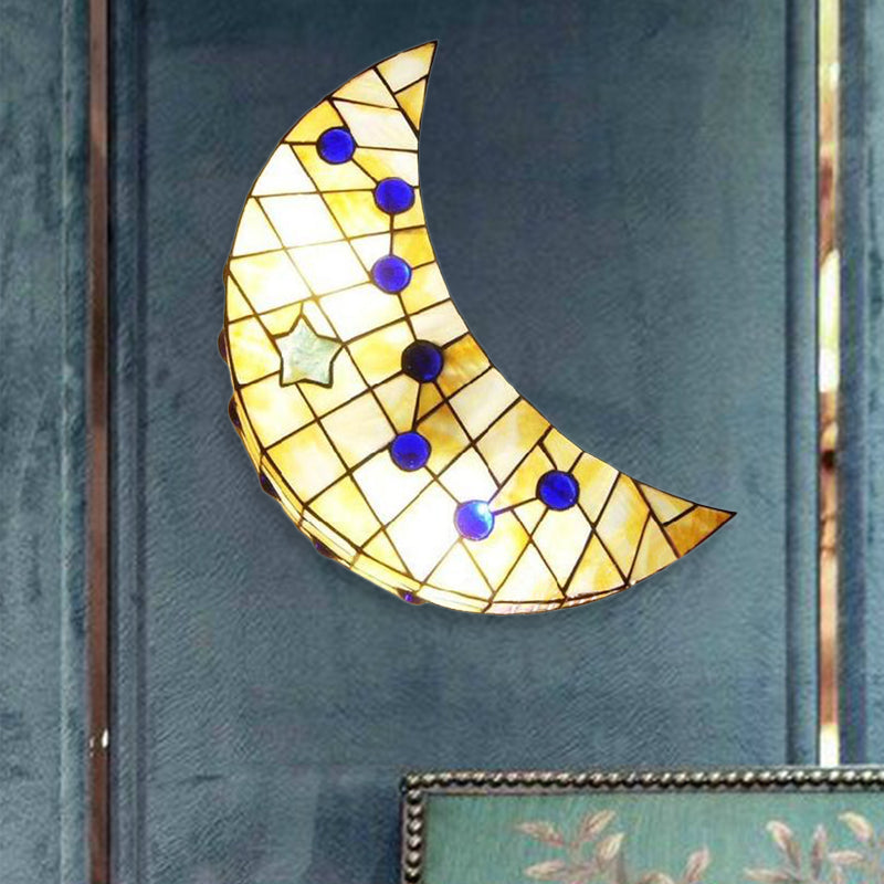 Vintage Stained Glass Moon Shape Wall Sconce For Hallway - 1-Light Light