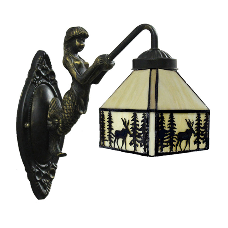 Stained Glass Wall Mount Light With Mermaid Decoration - Retro 1-Light Small House Lighting