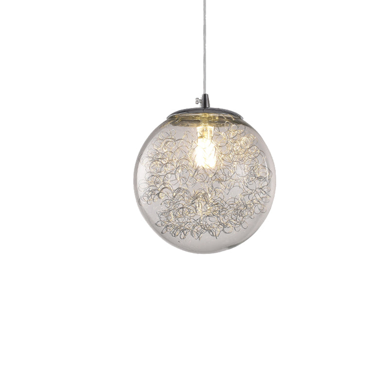 Modern Spherical Glass Pendant Light with Wire Deco - Clear, 1-Light Hanging Fixture