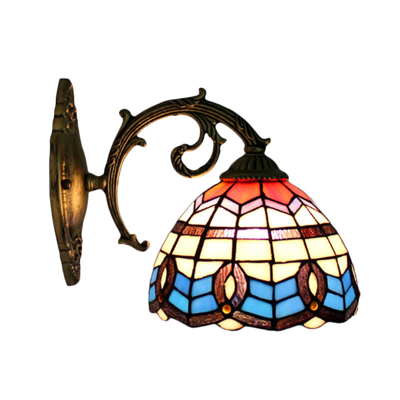 Retro Stained Glass Wall Sconce: Blue Bowl Shade 1-Light Mount