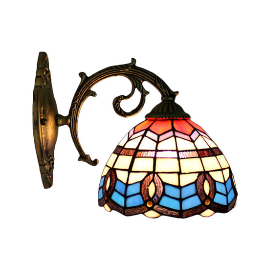 Retro Stained Glass Wall Sconce: Blue Bowl Shade 1-Light Mount
