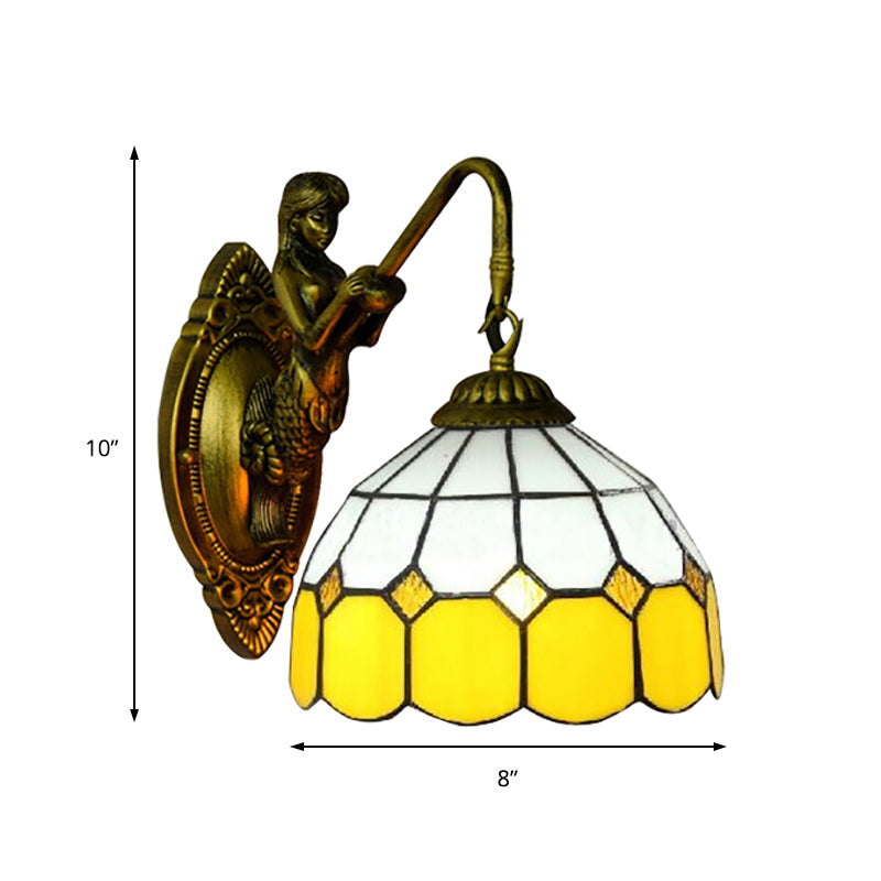 Baroque Yellow & White Glass Sconce Light With Grid Pattern - Brass Wall Mount