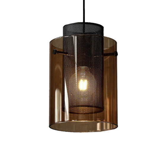 Modern Amber Cylinder Pendant Lamp with Hollow Mesh Screen - Ideal Hanging Light for Kitchen, 1 Bulb