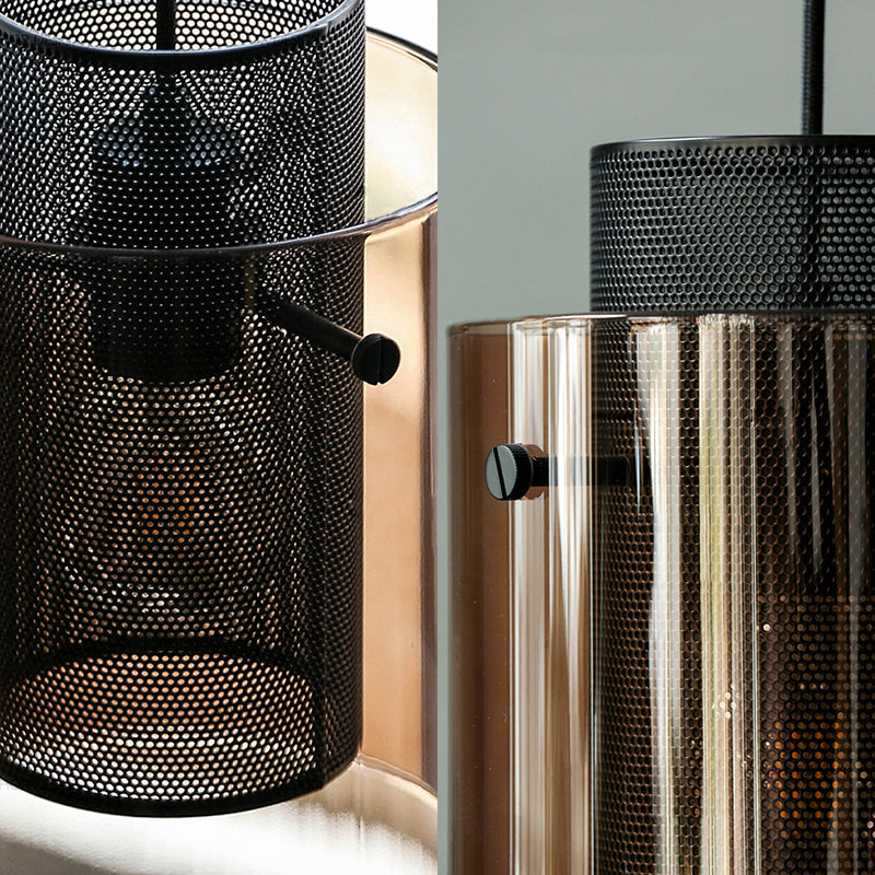Modern Amber Cylinder Pendant Lamp With Mesh Screen - Perfect Hanging Light For Kitchen