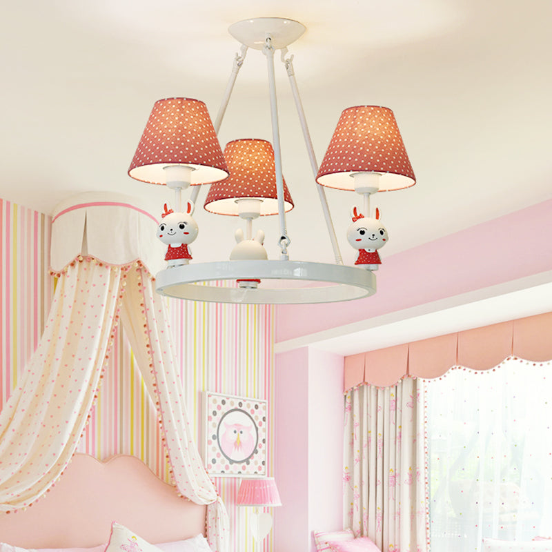 Childrens Pink Bunny Chandelier: Metal 3-Headed Hanging Light With Dot Shade For Girls Bedroom