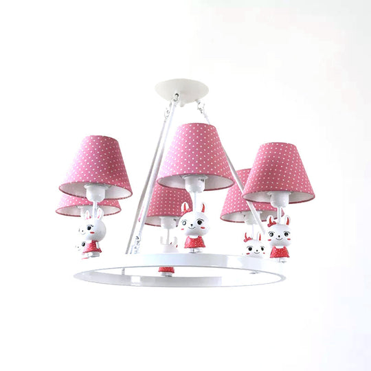 Childrens Pink Bunny Chandelier: Metal 3-Headed Hanging Light With Dot Shade For Girls Bedroom