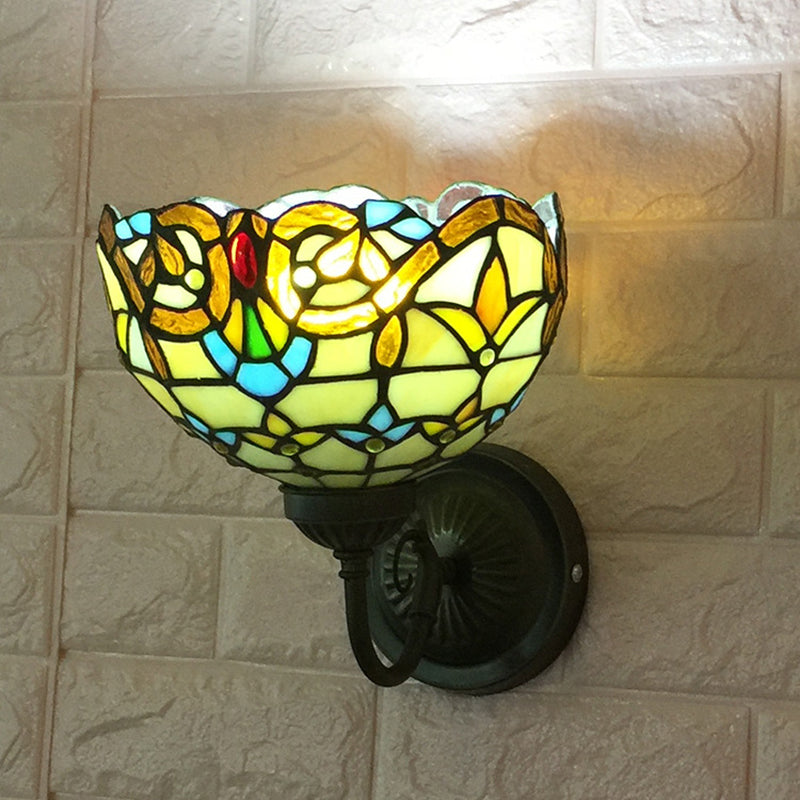 Baroque Bowl Sconce Light Fixture - Yellow/Blue Glass Wall Mounted With Flower Pattern Yellow