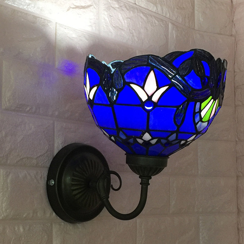 Baroque Bowl Sconce Light Fixture - Yellow/Blue Glass Wall Mounted With Flower Pattern Blue