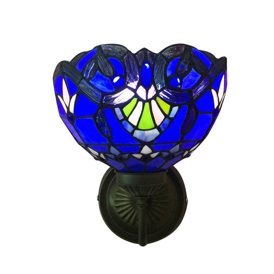 Baroque Bowl Sconce Light Fixture - Yellow/Blue Glass Wall Mounted With Flower Pattern