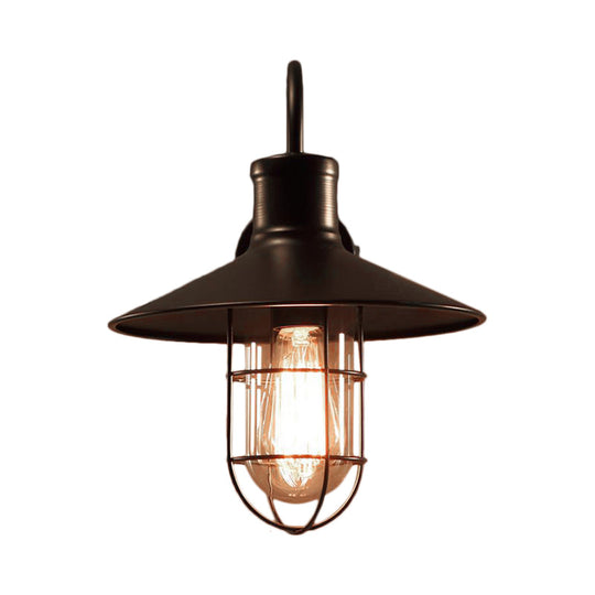 Industrial Clear Glass Wall Sconce With Cage - Cone Shaped Single Bulb Bedroom Lamp