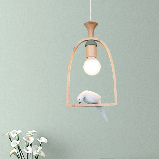 Rustic Wood Bird Cage Pendant Light With Pigeon Cafe - 1 Head Lamp Green