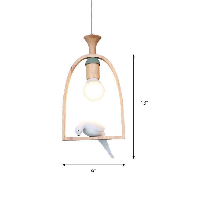 Rustic Wood Bird Cage Pendant Light With Pigeon Cafe - 1 Head Lamp