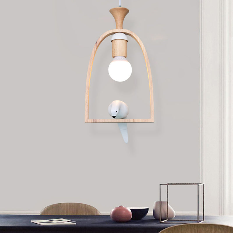 Wooden Pendant Light With Open Bulb Style And White Pigeon Design - 1 Head Hanging Lamp For