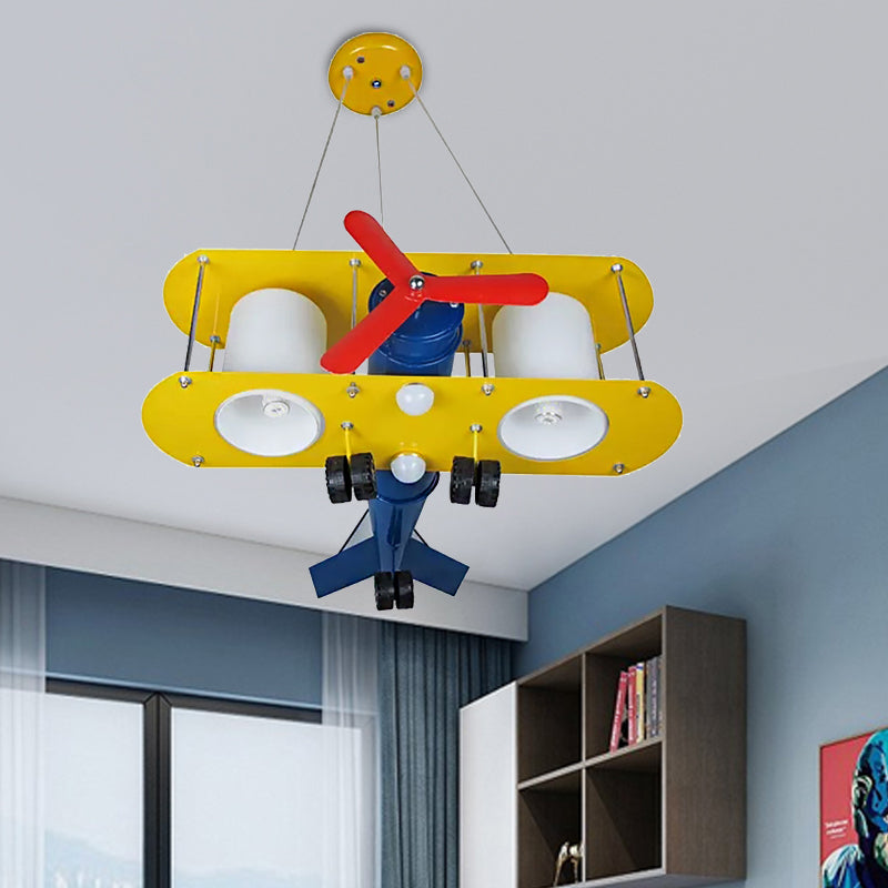 Cartoon Yellow Propeller Plane Pendant Lamp For Childs Bedroom - Metal Finish Chandelier Clear