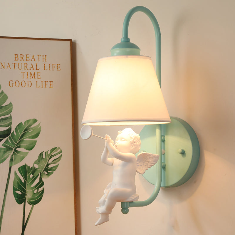Green Little Angel Wall Light With Fabric Shade - Nordic Style Sconce For Kids Bedroom