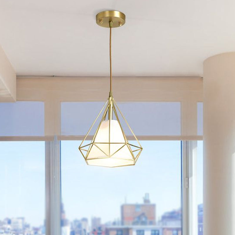 Simplicity Brass Diamond Cage Pendant Light With Flaxen Fabric Shade - Metallic Suspension Lamp