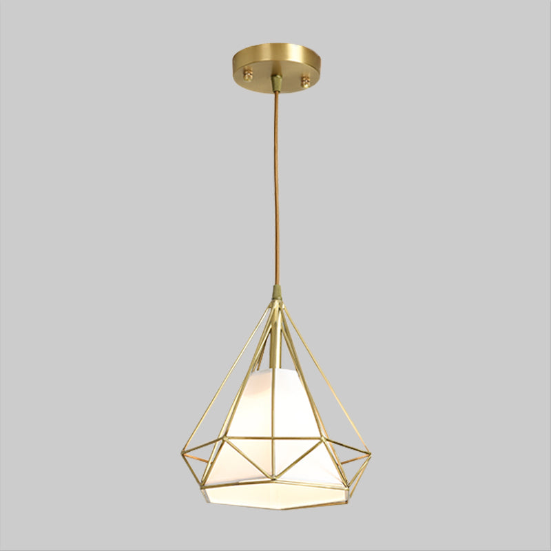 Simplicity 1-Head Brass Diamond Cage Pendant Light with Flaxen Inner Fabric Shade