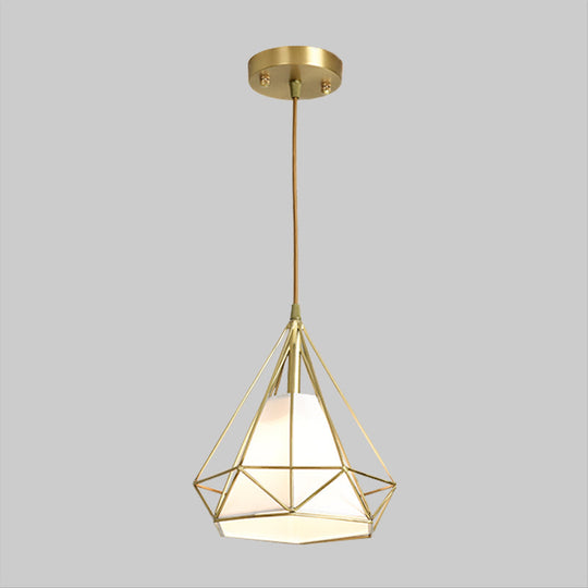 Simplicity 1-Head Brass Diamond Cage Pendant Light with Flaxen Inner Fabric Shade