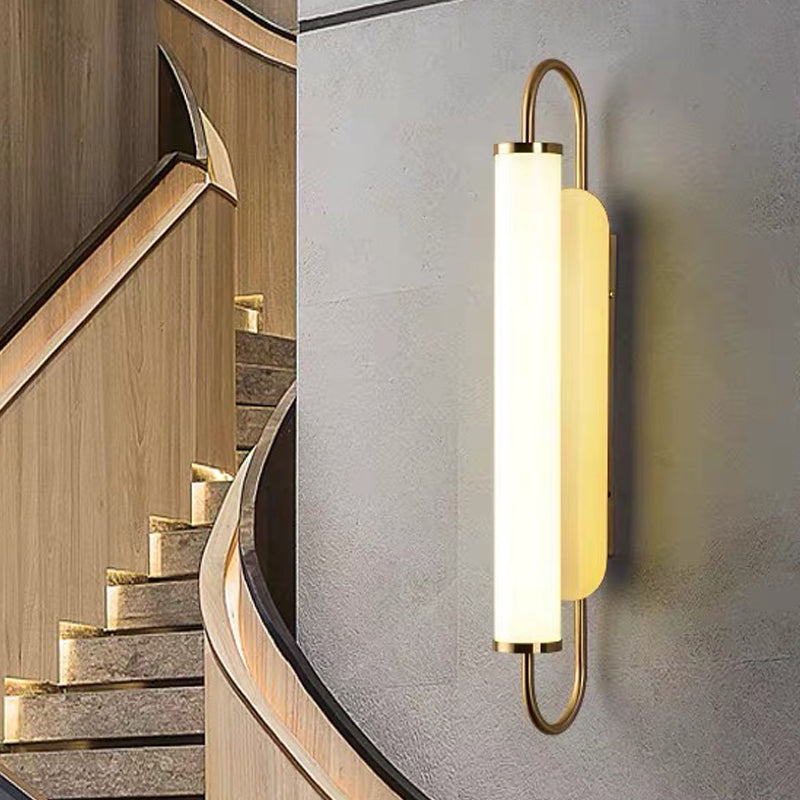Modern Led Brass Wall Light Fixture With Oval Frame And Opal Glass Shade