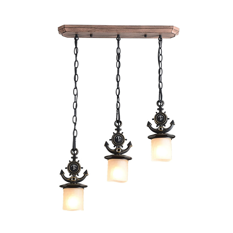 Kids Black Cylinder Pendant Light With Anchor Top - 3 Bulbs White Glass Hanging Lamp Kit