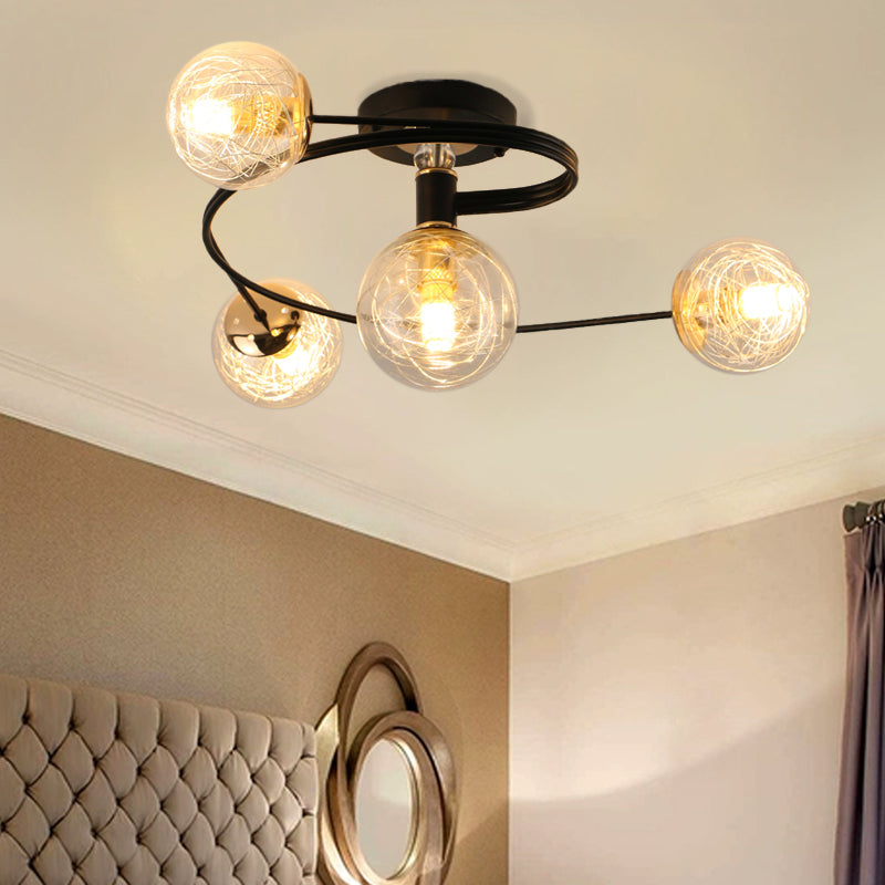 Sleek And Elegant 4-Bulb Black Semi Flush Mount Ceiling Light With Orb Shade Transparent Glass