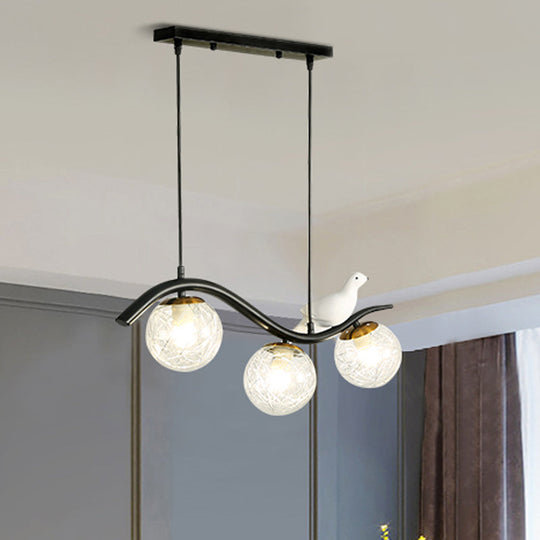 Modern 3-Head Black Island Pendant Lamp With Clear/White Glass Shades And Pigeon Decor Clear