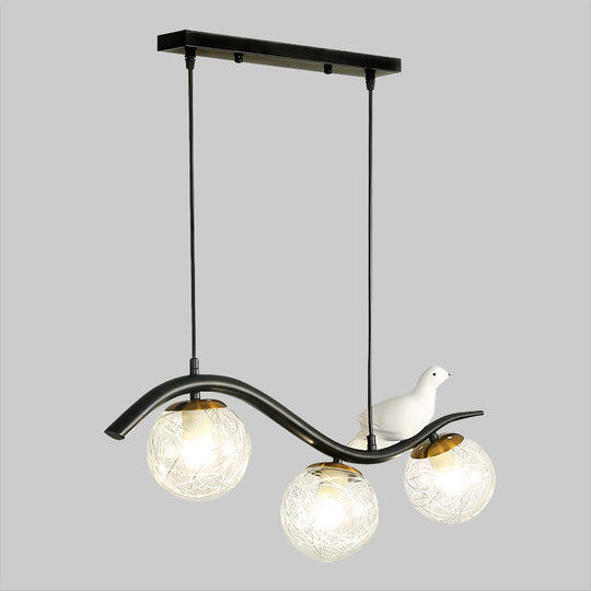 Modern 3-Head Black Island Pendant Lamp With Clear/White Glass Shades And Pigeon Decor