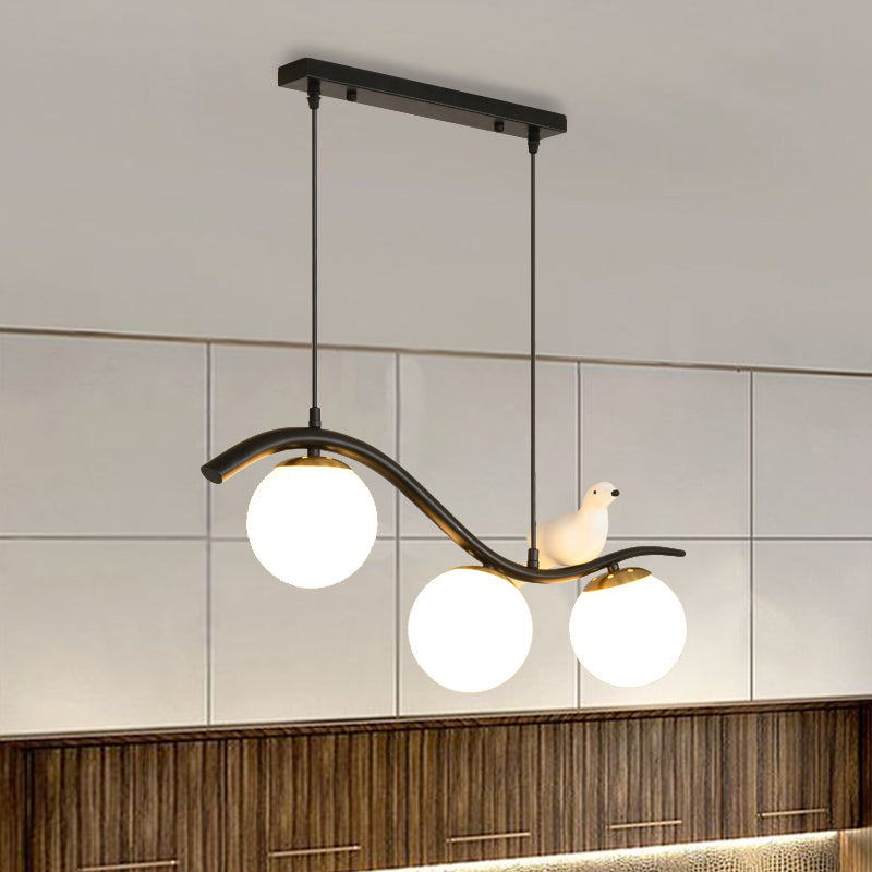 Modern 3-Head Black Island Pendant Lamp With Clear/White Glass Shades And Pigeon Decor White