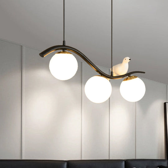 Modern 3-Head Black Island Pendant Lamp With Clear/White Glass Shades And Pigeon Decor