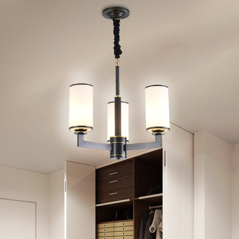 Minimal Black Chandelier with 3 Armed Heads, Frosted White Glass Shades - Dining Room Ceiling Fixture