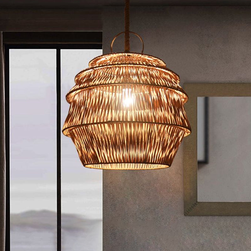 Rustic 1-Light Bamboo Pendant Ceiling Lamp - Beige/Coffee Tone For Dining Room Coffee