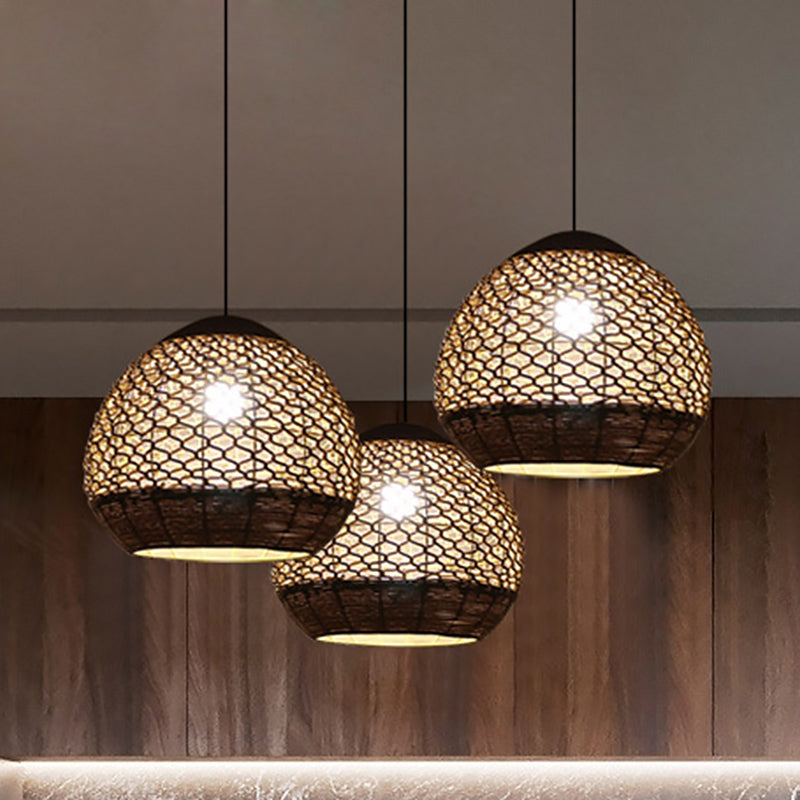 Flaxen Rope Globe Pendant Lamp - Asian Inspired Dining Room Lighting With Hollow-Out Design