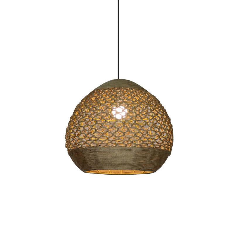 Flaxen Rope Globe Pendant Lamp - Asian Inspired Dining Room Lighting With Hollow-Out Design