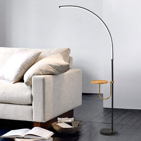 Contemporary Led Black Floor Lamp With Table Design - Bent Metallic Standing Lighting In Warm/White