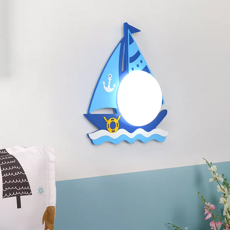 Kids Blue Timber Sailboat Wall Sconce With Circular Glass Shade