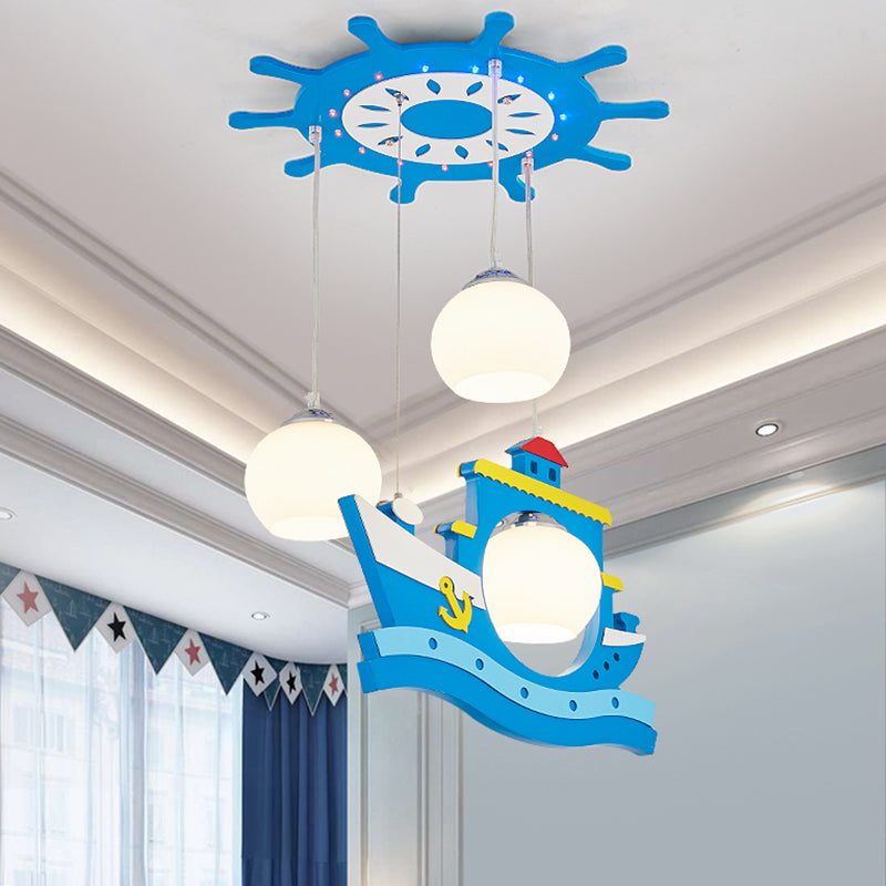 Children Style Wooden Rudder Canopy Hanging Light With 3 Blue Shaded Suspension Pendant And Boat