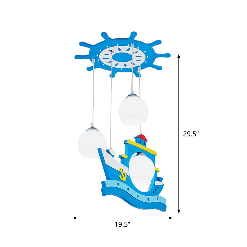 Children Style Wooden Rudder Canopy Hanging Light With 3 Blue Shaded Suspension Pendant And Boat