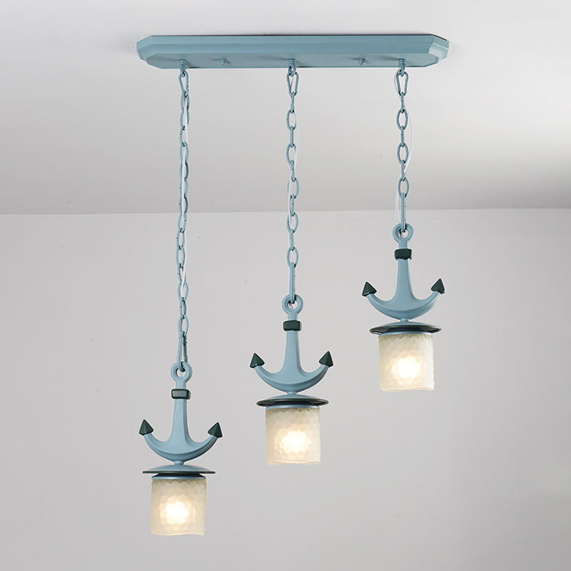 Blue Dimpled Glass Playroom Pendant Lamp With 3 Bulbs - Modern Cylindrical Ceiling Light