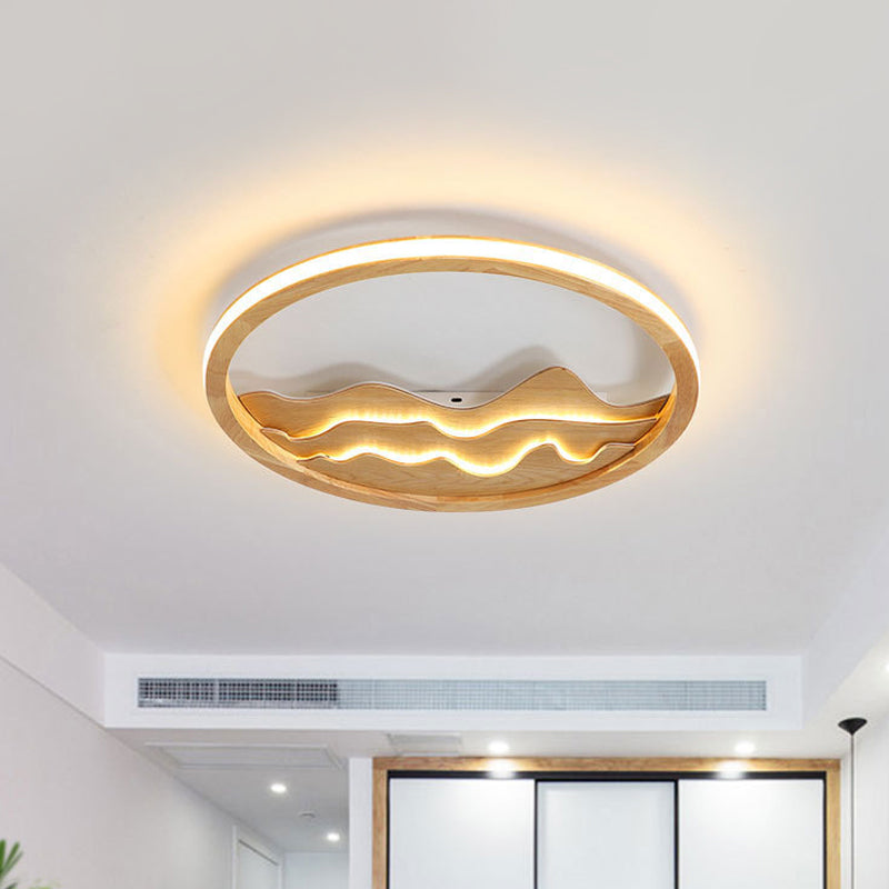 Modern Wood Led Ceiling Light With Landscape Design - 13/17 Circle Flush Mount Fixture In Beige