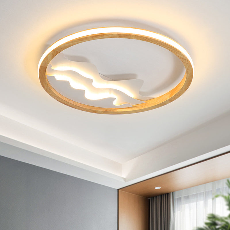 Modern Wood Led Ceiling Light With Landscape Design - 13/17 Circle Flush Mount Fixture In Beige / 13