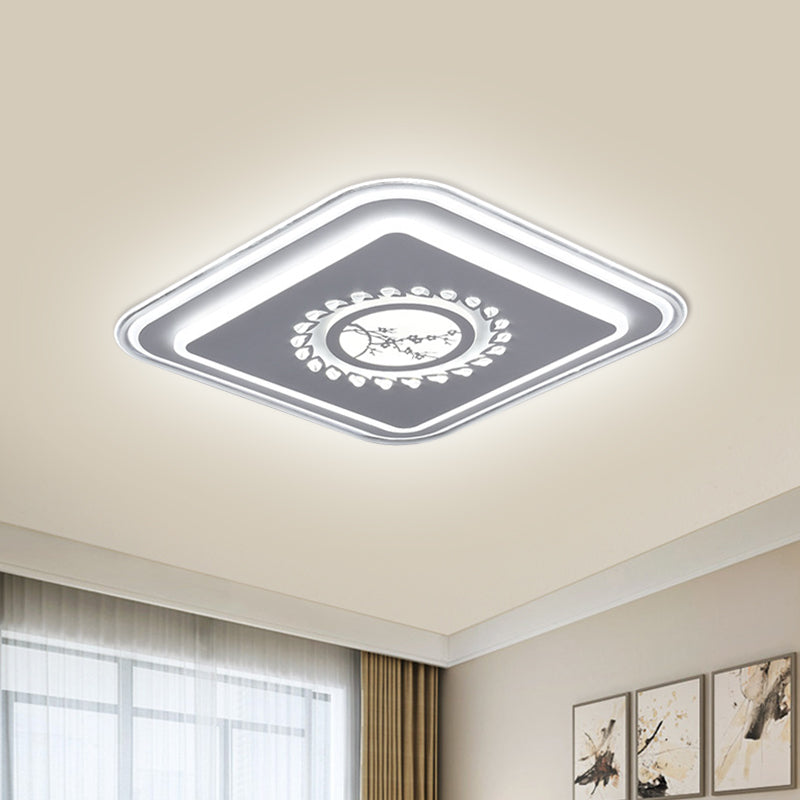 Modern Led Square Acrylic Flush Mount Light Minimalistic White Ceiling Lighting With Floral/Plum