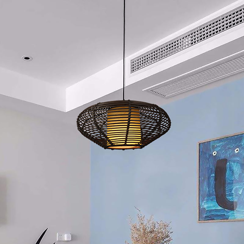 Asia 1-Light Coffee Drop Lamp With Bamboo Cage: Modern Fabric Pendant Lighting